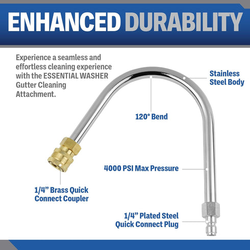 ESSENTIAL WASHER 120 Degree Bend Pressure Washer Gutter Cleaner Attachment with 1/4'' Quick Connect Brass Coupler and Plated Steel Plug...