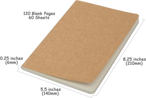 3 Pack Travel Journal Notebook for Travelers or School - Kraft Brown Soft Cover - 5.5” x 8.25” - 120 Blank Pages with60 Sheets...