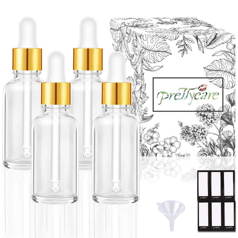 PrettyCare Eye Dropper Bottles 2 oz 4 Pack (Glass Bottles 60ml with Golden Caps, 12 Labels, Funnel & Measured Pipettes) Empty Tincture Bottles for...