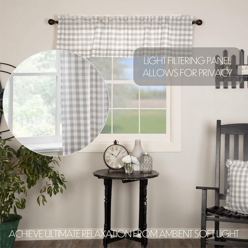 VHC Brands Annie Buffalo Check Farmhouse Kitchen Window Curtains- Lined Valance, 16x60, White &Grey...