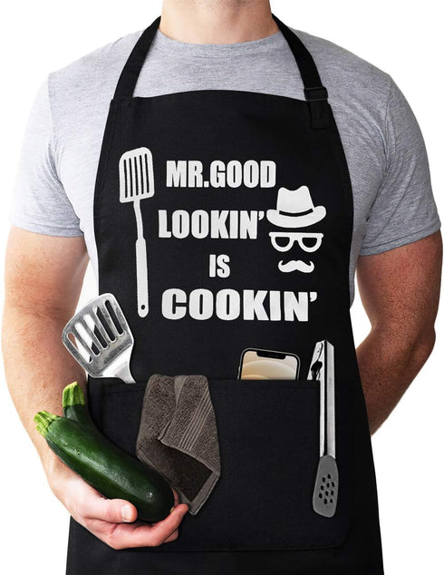 Aprons for Men, Mens Apron, Funny Chef Aprons for Men, Mr. Good Lookin' is Cookin’, Use for BBQ Grill Father's Day and Husband Birthday Gifts for ...