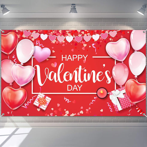Sumind Happy Valentine‘s Day Banner 73''x43'' Heart Photography Backdrop Large Valentines Day Background Party Decorations Photo Booth Prop(Red Ba...