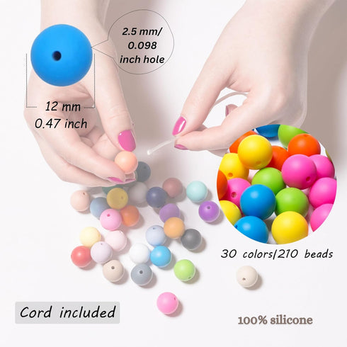 210Pcs Silicone Beads 12mm Silicone Beads for Keychain Making Bulk 30 Colors Loose Round Rubber Beads for Pens Necklace Bracelet Making Kit Jewelr...