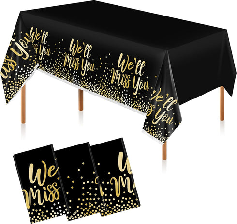 3 Pack We Will Miss You Black and Gold Plastic Tablecloths, Disposable Party Table Cloths, Dot Confetti Covers for Retirement Awaits Bye Office Wo...