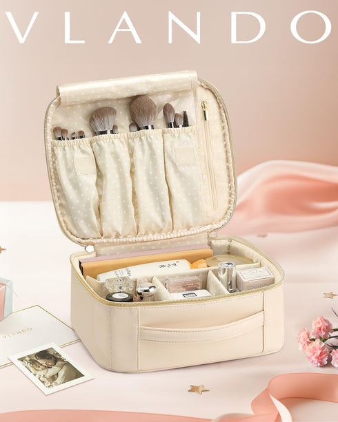 Vlando Travel Makeup Bag, Large Capacity Cosmetic Bag for Women PU Leather Makeup Case Organizer Portable Make up Bag with Dividers and Handle for...