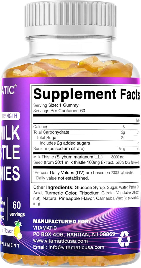Vitamatic Milk Thistle Gummies - 3000 mg Equivalent - Liver Detox & Anti Oxidant Health - Min. 80% Silymarin Flavonoids - 60 Pectin Based Gummies...