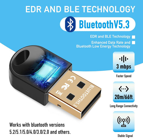 Bluetooth Adapter for PC, Bluetooth 5.3+EDR USB Dongle, Bluetooth Receiver Transmitter for Wireless Keyboard, Mouse, Speaker, Headset, Support Win...