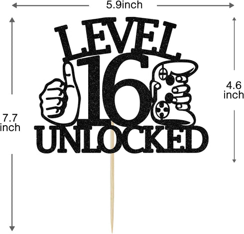 Level 16 Unlocked Cake Topper, Video Game Theme Happy 16th Birthday Cake Decor, Sweet 16, Boys Girls Funny 16th Birthday Decorations Black Glitter...