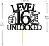 Level 16 Unlocked Cake Topper, Video Game Theme Happy 16th Birthday Cake Decor, Sweet 16, Boys Girls Funny 16th Birthday Decorations Black Glitter...