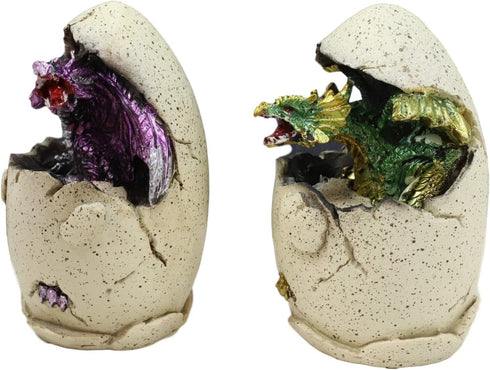 Ebros Metallic Colorful Medieval Fantasy Egg Hatchling Baby Dragon Wyrmling Twins Figurines Set of 2 Equipped with LED Night Lights Dungeons and D...