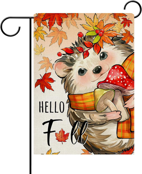 Hello Fall Hedgehog Decorative Garden Flag, Autumn Maple Leaves Mushroom Yard Outside Home Decorations, Seasonal Burlap Outdoor Small Decor Double...