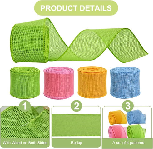 TONIFUL 4 Rolls Easter Ribbon, Burlap Wired Ribbons, Yellow, Pink, Baby Blue, Green, Faux Burlap Ribbon, for Easter Home Decor Wreath Front Door G...