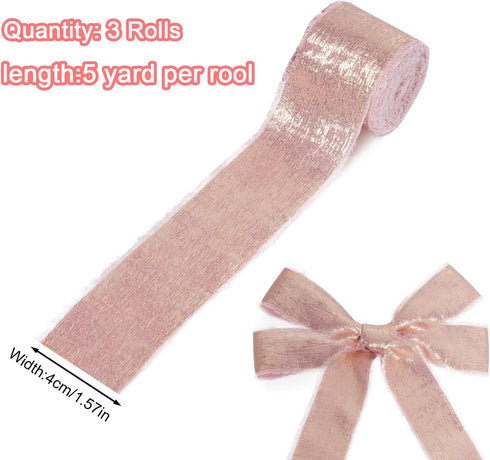 3 Rolls Rose Gold Shimmery Chiffon Ribbon Metallic Chiffon Ribbon Shimmery Frayed Edge Silk Ribbons for Flower Bouquet Gift Wrapping Wedding Decor...