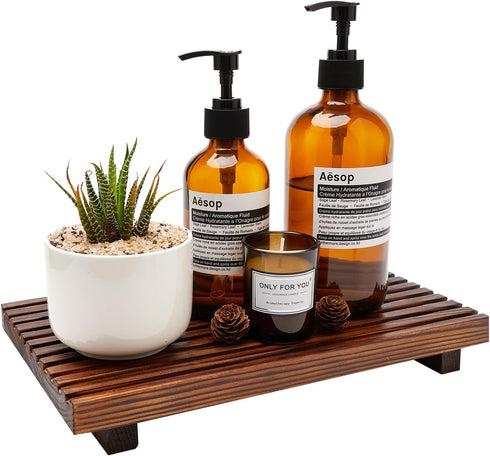 Renawe Farmhouse Bathroom Counter Tray Wood Display Pedesta Stand Kitchen Countertop Trays Decorative Wooden Riser Dish Soap Dispenser Holder for ...