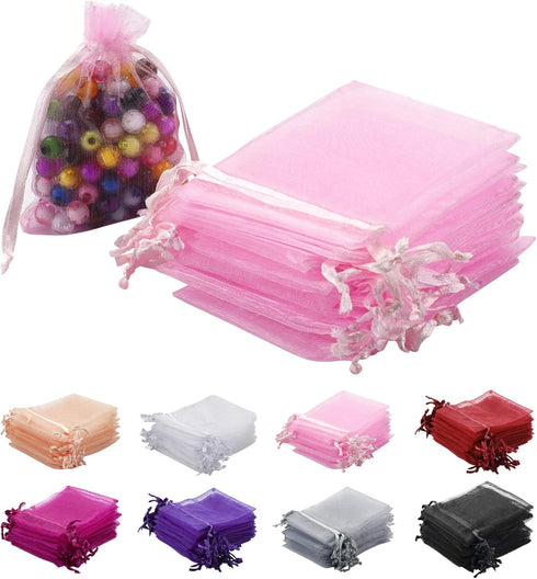 100PCS Pink Organza Bags - 2x3 Inch Sheer Drawstring Gift Pouches for Jewelry, Earrings, Wedding, Party, Christmas Favor, Small Presents...