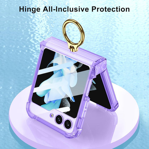 for Samsung Galaxy Z Flip 5 Case Hinge Protection Luxury Soft Transparent with Ring Holder Built-in Screen Protector All-Inclusive Shockproof Case...