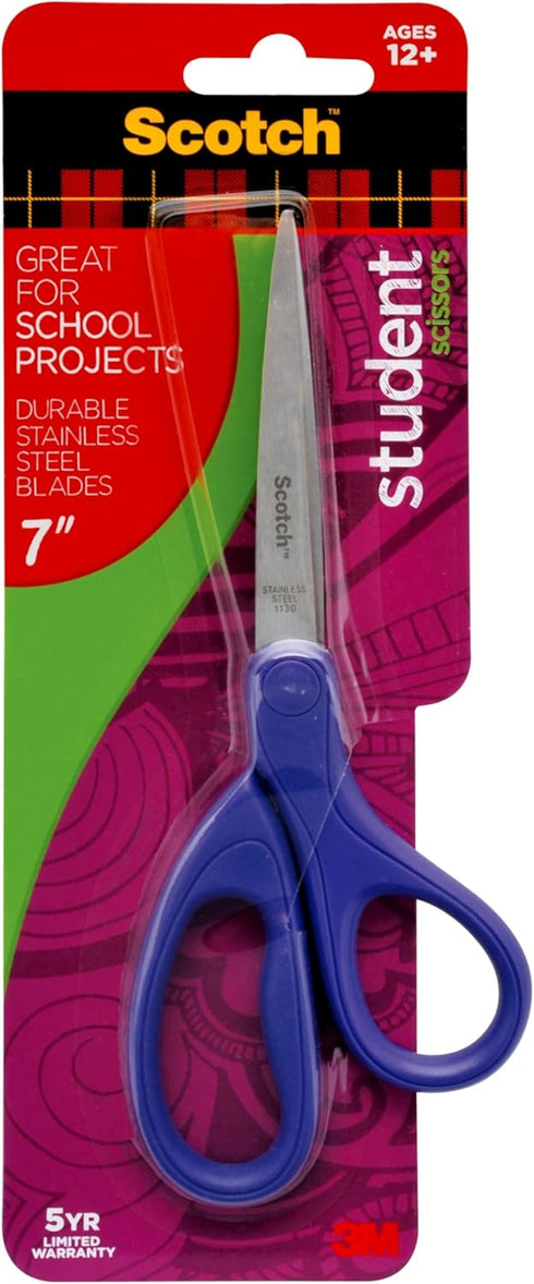 Scotch 7-Inch Student Scissors, Blue, Green, and Purple, Colors Vary, 6-Pack...