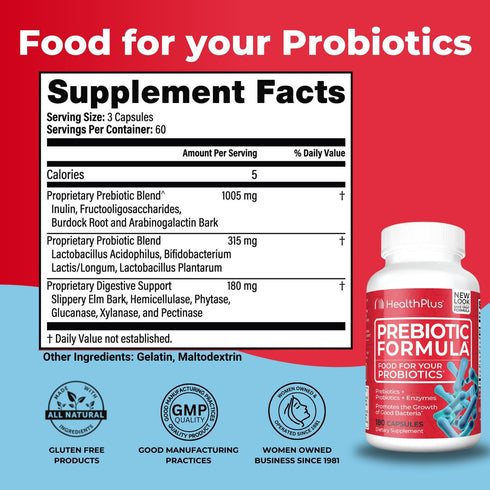 Health Plus Prebiotic Formula - Probiotics + Prebiotics + Digestive Enzymes - Gluten Free, Dairy Free, Natural Herbal Ingredients (180 Capsules, 6...
