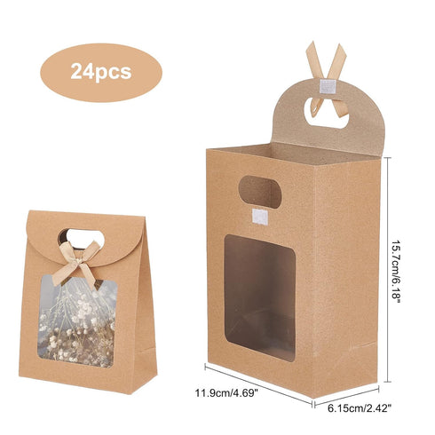 NBEADS 24 Pcs Kraft Paper Bags with Window, 4.7x2.4x6.2 Stand Up Gift Bag with Handles Brown Gift Bag with Clear Window for Candy Cookies Packagin...