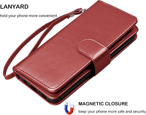Njjex iPhone 12 Pro Max Wallet Case (2020) with 9 Card Slots, PU Leather, Detachable Kickstand, Lanyard & Magnetic Closure - Wine Red...