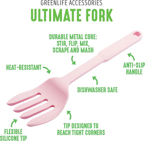 GreenLife Cooking Tools and Utensils, 10-in-1 Silicone Fork to Stir Mix Mash and Scrape, Heat and Stain Resistant, Dishwasher Safe, Soft Pink...