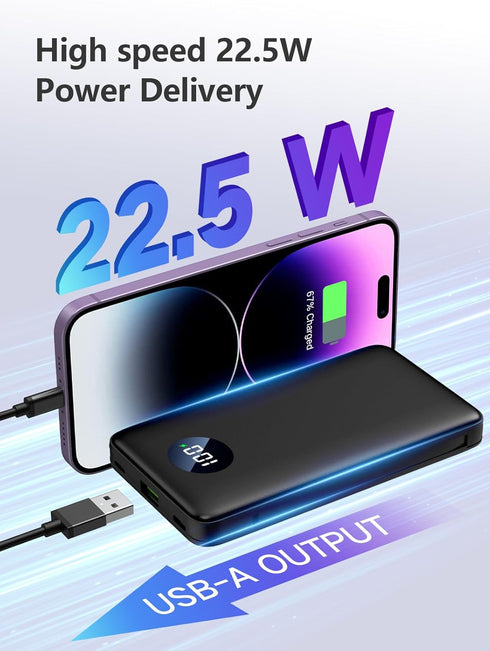 Portable charger12000mAh External Battery Packs,Ultra Slim Small Power Bank Compact with Built-in Cables,22.5W USB C Fast Charging LCD Display Clu...