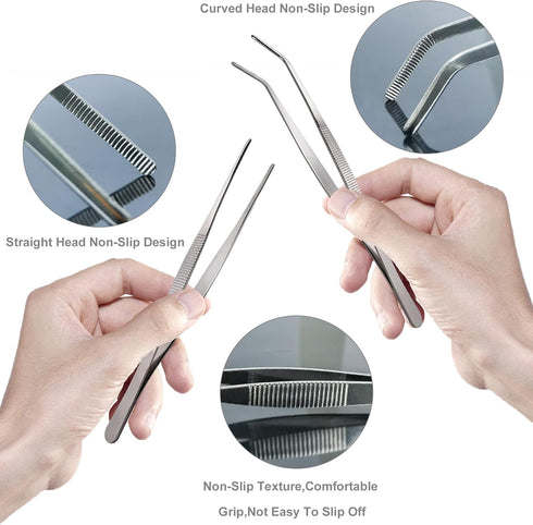 4 Pieces Long Tweezers,Long Handle Stainless Steel Straight and Curved Tweezers Nippers,Precision Craft Tweezers Set with Serrated Tips,Bonsai Too...