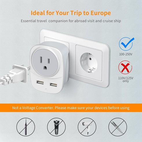 2 Pack Europe Travel Plug Adapter with 2 USB Ports and 1 AC Type Output Adapter, USA to Most of Europe, EU, Iceland, Spain International Power Plu...