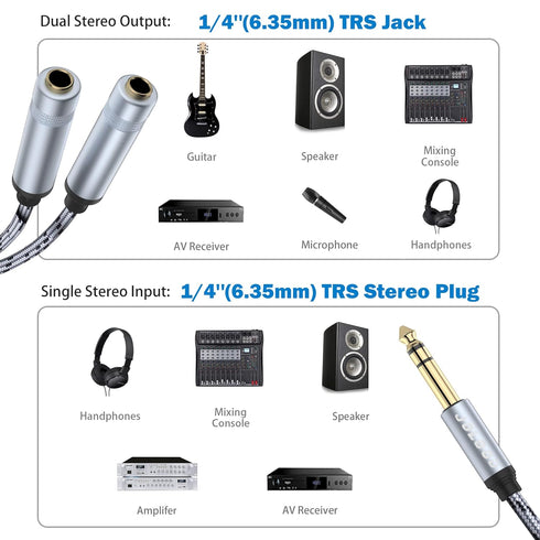 1/4 Splitter Adapter Cable 12 inches, 6.35mm Stereo Plug Male to Dual 6.35mm Jack Female Y Splitter Cable, 30cm / 12 inches...