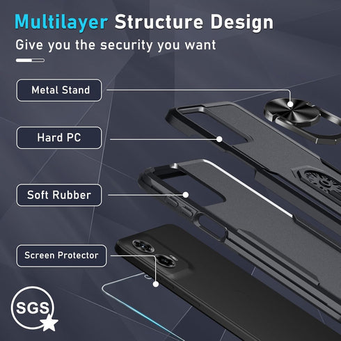 for Motorola Moto G 5G 2024 Case with Screen Protector,Heavy Duty Shockproof Full Body Protective Cover Built in Rotatable Metal Ring Holder Kicks...
