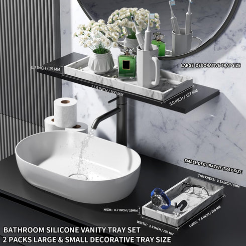BBK Bathroom Vanity Tray - 2 Pack (7.8" and 11.8") Silicone Bathroom Trays for Counter, Perfume Key Trinket Ring Tray, Decor Soap Dispenser Counte...