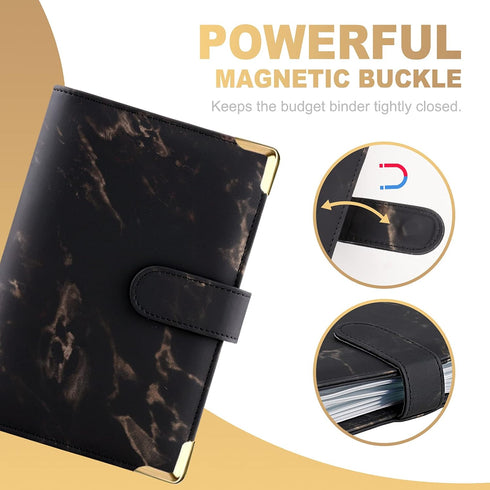 Onlyesh A6 Binder, Marble Budget Binder, Refillable 6 Ring Mini Binder for A6 Filler Paper, Leather Binder Cover with Magnetic Buckle Closure, Bla...