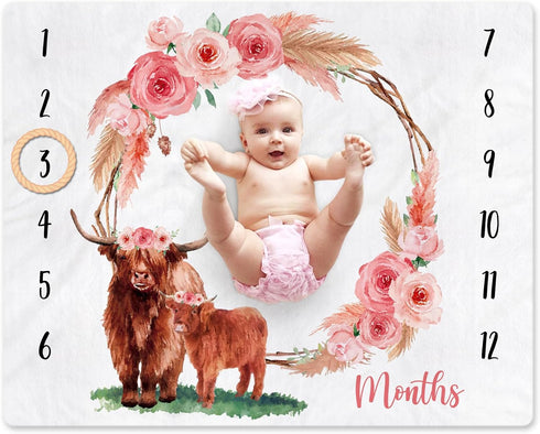 Highland Cow Baby Monthly Milestone Blanket Floral Scotland Photo Prop Blanket with New to The Herd Cattle Nursery Stuff Gift Ideas for Girl Newbo...