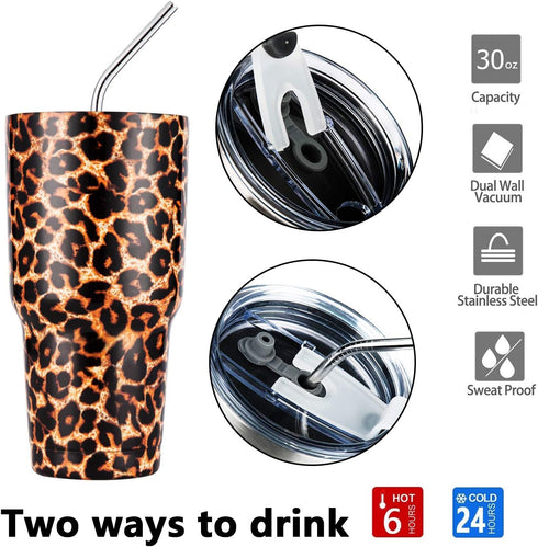 30oz Leopard Tumbler Stainless Steel Insulated Travel Mug with Straw Lid Cleaning Brush (30 oz Leopard), 1 Count (Pack of 1)...