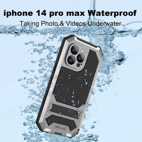iPhone 14 Pro Max Waterproof Case, iPhone 14 Pro Max Metal Case with Screen Protector Kickstand Military Full Body Rugged Heavy Duty Dustproof Def...