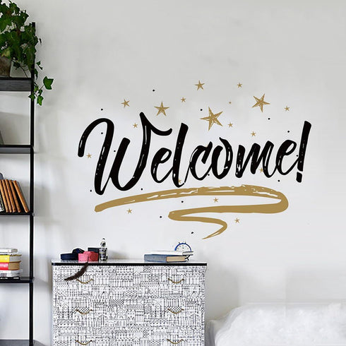 Woodland Arts 22 inches x 15 inches Brown and Black Welcome Home Stars Wall Door Vinyl Removable Decals Stickers for Living Room Bedroom Nursery C...