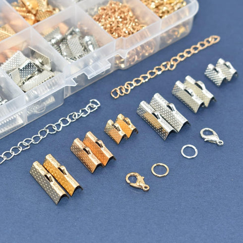373Pcs Ribbon Bracelet Kit for Jewelry Making Ribbon End Crimps Lobster Clasps Awith Jump Rings and Chain Extenders for DIY Making Bookmark Pinch ...