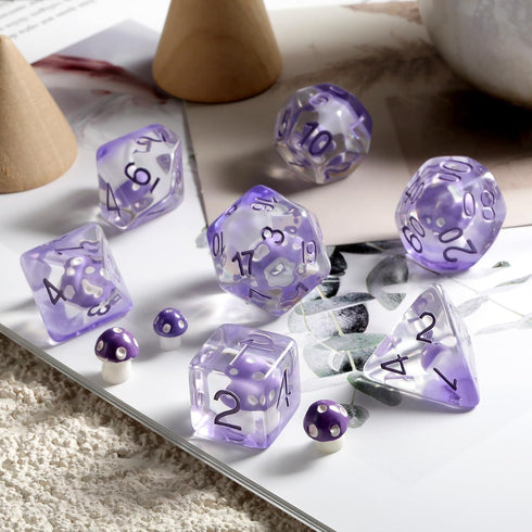 Mushroom Resin Dice Set D&D, DNDND 7PCS D&D Dice Set with Gift Velvet Bag for Dungeons and Dragons Role Playing Games and Tabletop Games?Purple Mu...