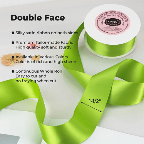 VATIN Double Face Apple Green Satin Ribbon 1-1/2" Continuous 25 Yards,Green Polyester Fabric Ribbon use for Bows Bouquet, Gift Wrapping, Floral Ar...
