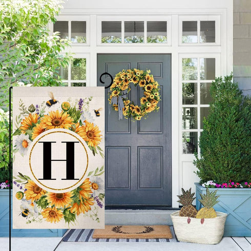 Monogram Letter H Garden Flag Summer Sunflower 12x18 Vertical Double Sided Spring Floral Bee Outside Decorations Small Burlap Family Last Name Ini...