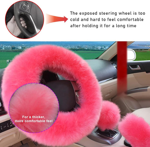 3PCS Wool Steering Wheel Cover with Fuzzy Handbrake Cover & Gear Shift Cover, Universal 15 Inch Steering Wheel Fluffy Soft Protector, Comforting W...