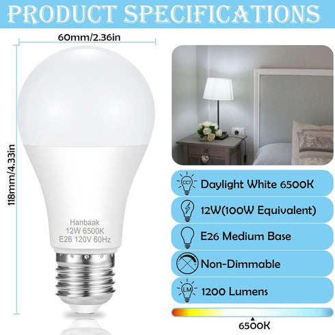 E26 LED Bulb, 100W Equivalent Light Bulb, 12W Medium Base Bulb, Non-Dimmable, Daylight White 6500K, 1200lumen, 10Packs...