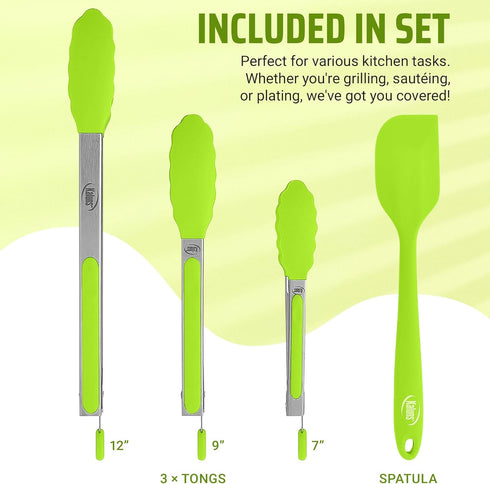 Kaluns Kitchen Tongs for Cooking, Non Stick Silicone Tip Stainless Steel Tongs, Set of Four 7,9, and 12 Inch Tong Plus Silicone Spatula Non-stick,...
