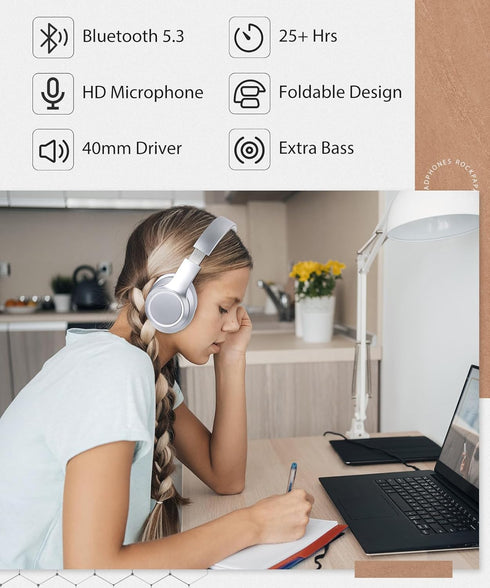 rockpapa E8 Over The Ear Bluetooth Headphones with Microphone for Kid Children Boy Girl Youth Teen Adult, Foldable Wired/Wireless Headphones with ...