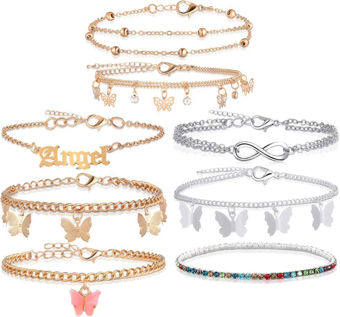 Hicarer 8 Pieces Anklets for Women Cute Charms Butterfly Ankle Bracelets Colorful Rhinestone Anklets Boho Beach Layered Chain Anklets for Girls Fo...