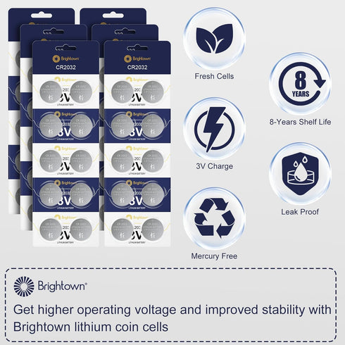 Brightown CR2032 Batteries, 3V Lithium Coin Cell Batteries, CR2032 Button Batteries for Small Electronic Devices, Watches, Key Fobs, Smart Sensors...