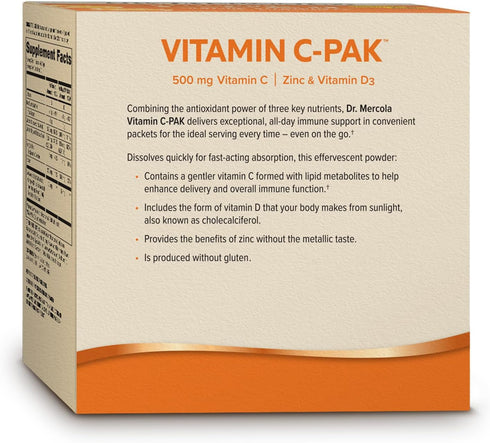 Dr. Mercola Vitamin C-PAK, 30 Servings (30 Packets), Fizzy Drink Mix, 500 mg Vitamin C, with Zinc and Vitamin D3, Natural Orange Flavor, Dietary S...