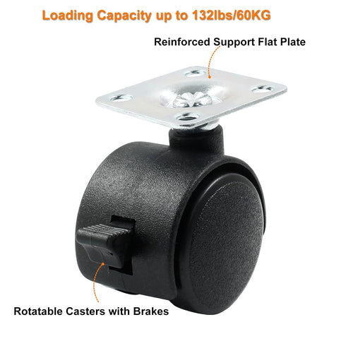 4pcs 1 Inch Swivel Caster Wheels, Black Nylon Plate Caster Wheels with Brake, Heavy Duty Swivel Plate Casters Wheels Replacement for Furniture, Ca...