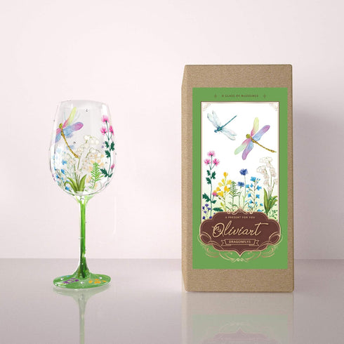 NymphFable Hand Painted Wine Glass Colorful Dragonfly Flower Artisan Painted 15 oz Glass Novelty Gift for Birthdays,Weddings,Valentine's Day...