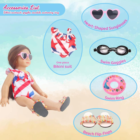 18 Inch Doll Summer Outfits Set, Vibrant Doll Swimming Playset for American doll Girls, includes Doll Bikini Swimsuits, Heart-shaped Sunglasses, G...